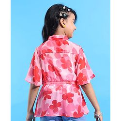 Pine Kids Woven Half Bell Sleeves Collar Neck Shirt Style Floral Printed Top With Singlet Inner - Pink