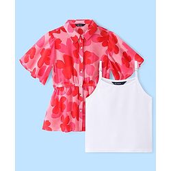 Pine Kids Woven Half Bell Sleeves Collar Neck Shirt Style Floral Printed Top With Singlet Inner - Pink