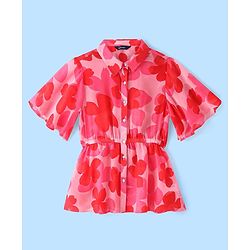 Pine Kids Woven Half Bell Sleeves Collar Neck Shirt Style Floral Printed Top With Singlet Inner - Pink