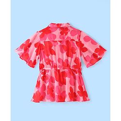 Pine Kids Woven Half Bell Sleeves Collar Neck Shirt Style Floral Printed Top With Singlet Inner - Pink