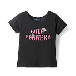 Pine Kids Cotton Knit Half Sleeves T-Shirt With Love Flowers Text Print - Black
