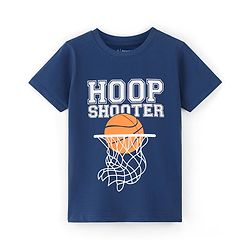 Pine Kids Cotton Knit Half Sleeves T-Shirt With Hoop Shooter Text Print - Blue