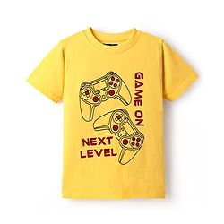 Pine Kids Cotton Knit Half Sleeves T-Shirt With Game On Text Print - Yellow