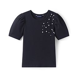 Pine Kids Cotton Knit Half Puffed Sleeves Top with Pearls Detailing - Black