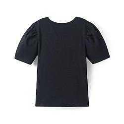 Pine Kids Cotton Knit Half Puffed Sleeves Top with Pearls Detailing - Black