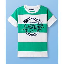 Pine Kids Cotton Knit Half Sleeves Striped T-Shirt With Airplane Print - White & Green