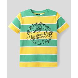 Pine Kids Cotton Knit Half Sleeves Striped T-Shirt With Sunset Print - Green & Yellow