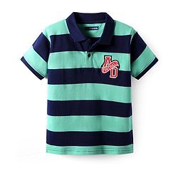 Pine Kids Cotton Knit Half Sleeves Striped Polo T-Shirt With Text Patch - Navy Blue & Green