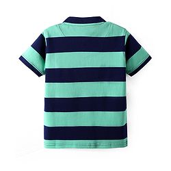 Pine Kids Cotton Knit Half Sleeves Striped Polo T-Shirt With Text Patch - Navy Blue & Green