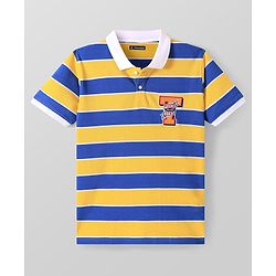 Pine Kids Cotton Knit Half Sleeves Collar T-Shirt With Stripes - Blue & Yellow