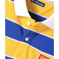 Pine Kids Cotton Knit Half Sleeves Collar T-Shirt With Stripes - Blue & Yellow