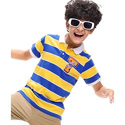 Pine Kids Cotton Knit Half Sleeves Collar T-Shirt With Stripes - Blue & Yellow