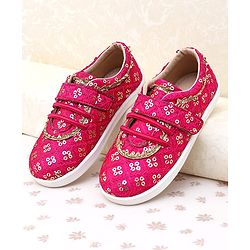 Pine Kids Velcro Closure Ethnic Shoes with Floral Sequin Detailing - Pink