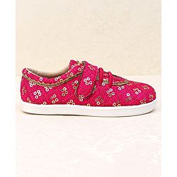 Pine Kids Velcro Closure Ethnic Shoes with Floral Sequin Detailing - Pink