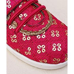 Pine Kids Velcro Closure Ethnic Shoes with Floral Sequin Detailing - Pink