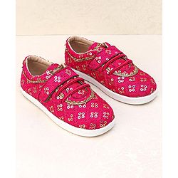 Pine Kids Velcro Closure Ethnic Shoes with Floral Sequin Detailing - Pink