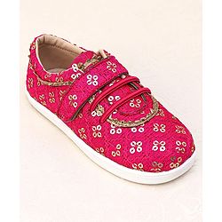 Pine Kids Velcro Closure Ethnic Shoes with Floral Sequin Detailing - Pink