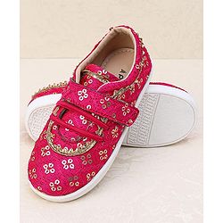Pine Kids Velcro Closure Ethnic Shoes with Floral Sequin Detailing - Pink