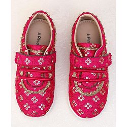Pine Kids Velcro Closure Ethnic Shoes with Floral Sequin Detailing - Pink