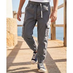 Pine Kids Cotton Elastane Woven Full Length Solid Trouser With Cargo Pockets - Grey