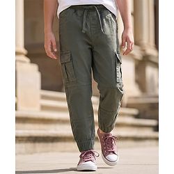 Pine Kids Cotton Elastane Woven Full Length Solid Color Trouser - Olive Green