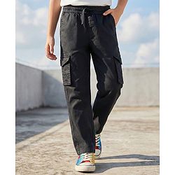 Pine Kids Cotton Woven Full Length Solid Colour Trouser With Cargo Pockets - Navy Blue