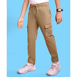 Pine Kids Woven Full Length Solid Trouser With Cargo Pockets - Tan