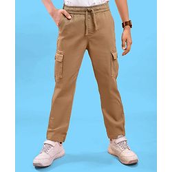 Pine Kids Woven Full Length Solid Trouser With Cargo Pockets - Tan