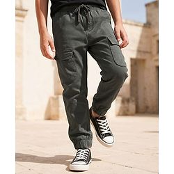 Pine Kids Cotton Elastane Woven Full Length Solid Color Trouser - Olive Green