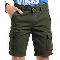 Pine Kids Cotton Elastane Woven Above Knee Length Solid Color Shorts - Olive Green