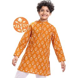 Pine Kids Cotton Woven Full Sleeves Floral Printed Kurta - Orange