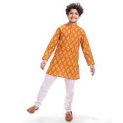 Pine Kids Cotton Woven Full Sleeves Floral Printed Kurta - Orange