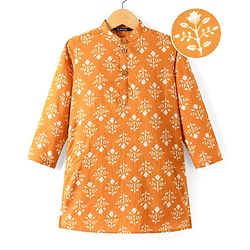 Pine Kids Cotton Woven Full Sleeves Floral Printed Kurta - Orange