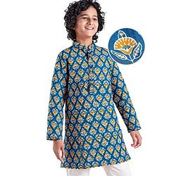 Pine Kids Cotton Woven Full Sleeves Ajrakh Floral Printed Kurta - Navy Blue