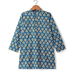 Pine Kids Cotton Woven Full Sleeves Ajrakh Floral Printed Kurta - Navy Blue
