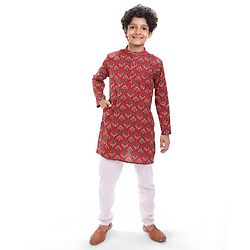 Pine Kids Cotton Woven Full Sleeves Floral Printed Kurta - Dark Red