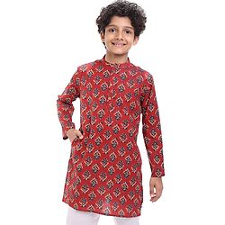 Pine Kids Cotton Woven Full Sleeves Floral Printed Kurta - Dark Red