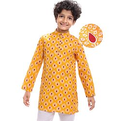 Pine Kids Cotton Woven Full Sleeves Kurta with Floral Print - Mustard Yellow