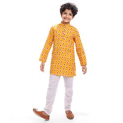Pine Kids Cotton Woven Full Sleeves Kurta with Floral Print - Mustard Yellow