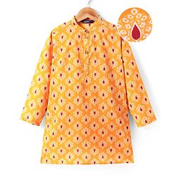 Pine Kids Cotton Woven Full Sleeves Kurta with Floral Print - Mustard Yellow