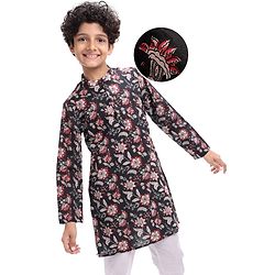 Pine Kids Cotton Woven Full Sleeves Kurta with Floral Print - Black