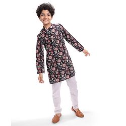Pine Kids Cotton Woven Full Sleeves Kurta with Floral Print - Black