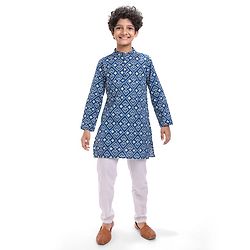 Pine Kids Cotton Woven Full Sleeves Kurta & Pyjama Set with Floral Print - Navy Blue