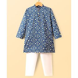 Pine Kids Cotton Woven Full Sleeves Kurta & Pyjama Set with Floral Print - Navy Blue