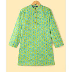 Pine Kids Cotton Woven Full Sleeves Kurta Pyjama Set with Floral Print - Lime Green