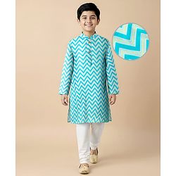 Pine Kids Cotton Woven Full Sleeves Kurta & Pyjama Set with  Print - Light Blue