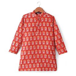 Pine Kids Cotton Woven Full Sleeves Floral Printed Kurta Pyjama Set - Rust Orange