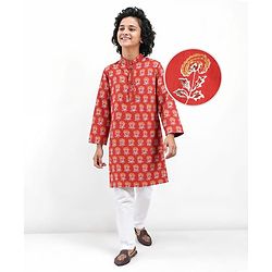 Pine Kids Cotton Woven Full Sleeves Floral Printed Kurta Pyjama Set - Rust Orange