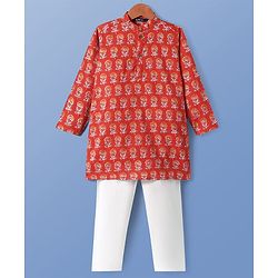 Pine Kids Cotton Woven Full Sleeves Floral Printed Kurta Pyjama Set - Rust Orange