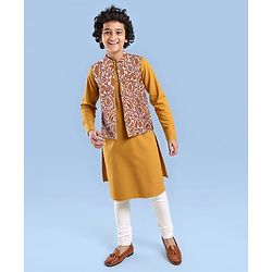 Pine Kids Cotton Woven Full Sleeves Kurta & Pyjama Set With Floral Printed Jacket - Mustard